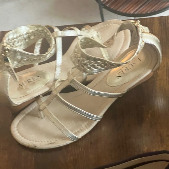 WOMEN'S LAUREN DRESSY WEDGE SANDALS SIZE 8.5 METALLIC LEATHER - Picture 1 of 3